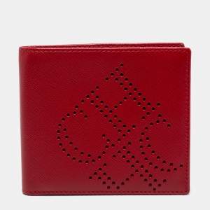 CH Carolina Herrera Red Leather Perforated Logo Bifold Wallet