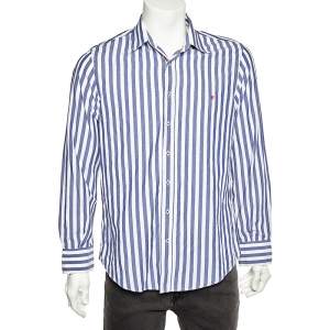 CH Carolina Herrera Blue & White Striped Cotton Button Front Shirt L