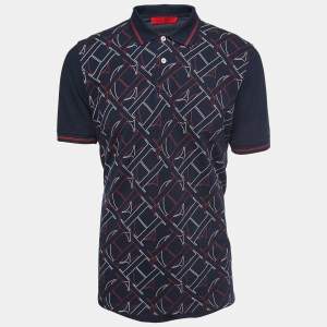 CH Carolina Herrera Navy Blue Logo Print Cotton Pique Polo T-Shirt L