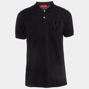 CH Carolina Herrera Black Embroidered Cotton Pique Polo T-Shirt L