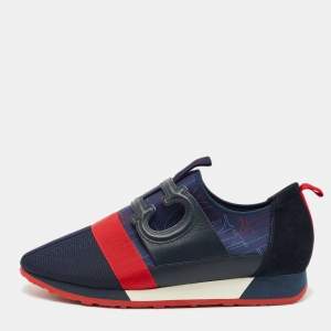 Pre Owned CH Carolina Herrera Navy Blue/Red Canvas Logo Print Low Top Sneakers Size 42