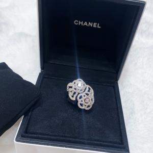 Pre Owned Chanel White Gold Diamond Camellia Ring Size 51