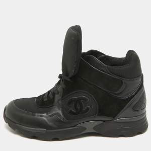 Chanel Black Leather And Suede CC High Top Sneakers Size 42