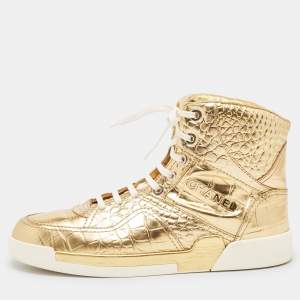 Chanel Gold Croc Embossed Leather High Top Sneakers Size 43