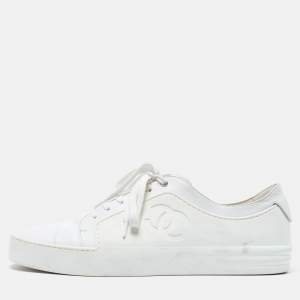 Chanel  White Rubber and Leather CC Trainer Low Top Sneakers Size 44