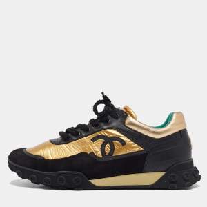 Chanel Gold Leather and Nylon CC Lace Up Sneakers  Size 43