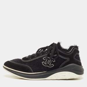 Chanel Black Suede and Tweed CC Low Top Sneakers Size 43