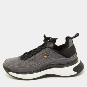 Chanel Grey/Black Suede Interlocking CC Low Top Sneakers Size 40.5