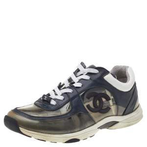 Chane Navy Blue Leather And PVC CC Low Top Sneakers Size 41