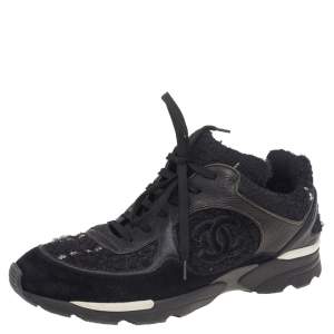 Chanel Black Tweed And Suede CC Low Top Sneakers Size 41