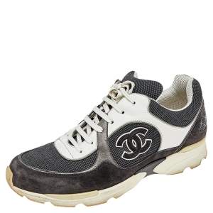 Chanel Grey-White Canvas, Suede And Leather CC Low Top Sneakers Size 41