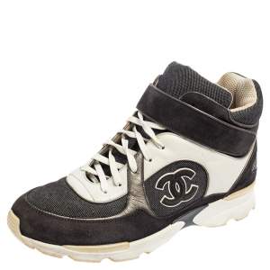 Chanel Grey-White Canvas, Suede, And Leather CC Mid Top Sneakers Size 41