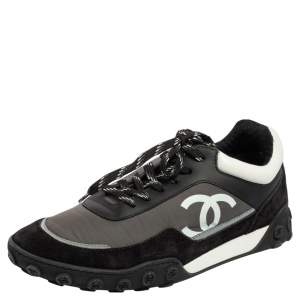 Chanel Black/Grey Nylon, Suede and Leather CC Low-Top Sneakers Size 41