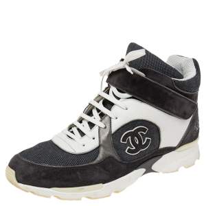 Chanel Grey/White Canvas And Leather CC High Top Sneakers Size 45