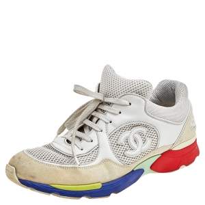 Chanel White/Beige Leather And Mesh CC Low Top Sneakers Size 41