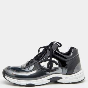 Chanel Black Patent Leather, PVC and Leather CC Logo Lace Up Sneakers Size 45