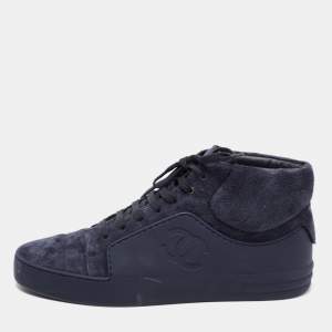 Chanel Navy Blue Suede And Rubber CC High Top Sneakers Size 44