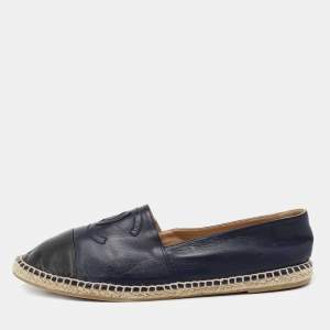 Chanel Navy Blue/Black Leather CC Cap-Toe Espadrille Flats Size 44