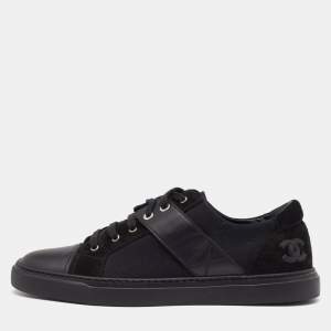 Chanel Black Leather and Canvas CC Low Top Sneakers Size 41