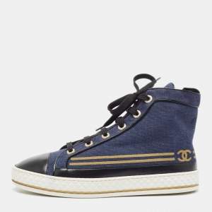 Chanel Navy Blue/Black Canvas and Leather CC High Top Sneakers Size 41