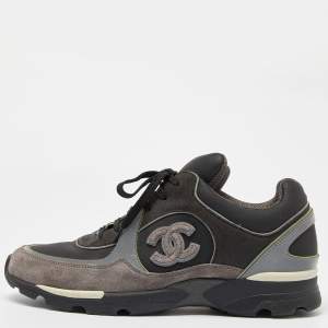 Chanel Grey/Black Leather and Suede CC Low-Top Sneakers Size 42