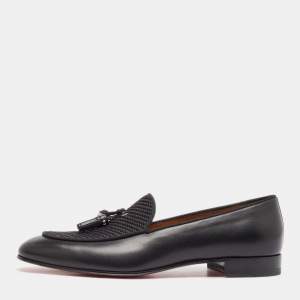 Christian Louboutin Black Leather and Woven Fabric Tassel Detail Loafers Size 43