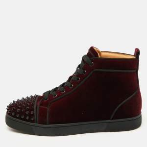 Christian Louboutin Burgundy Velvet Lou Spikes High Top Sneakers Size 41