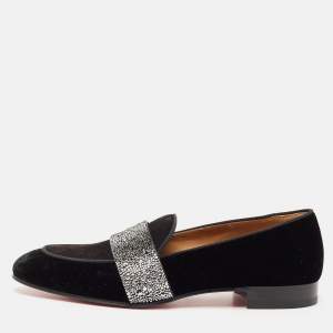 Christian Louboutin Black Velvet and Suede Crystal Embellished Loafers Size 43