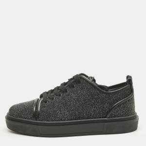Pre Owned Christian Louboutin Black Glitter and Leather Adolon Low Top Sneakers Size 41.5