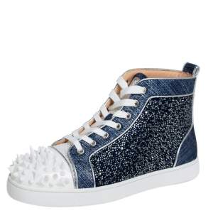 Christian Louboutin Denim Blue Silver White Lou Degra Spikes Studded Hi High Top Sneakers Size 40