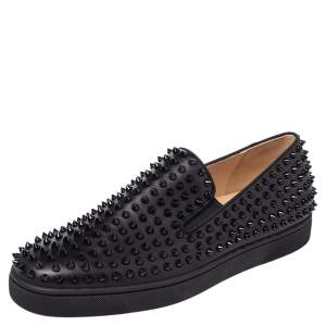 مملوكة مسبقًا Christian Louboutin Black Leather Roller Boat Spike Slip On Sneakers Size 44.5