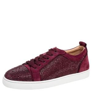 Christian Louboutin Burgundy Suede Louis Junior Strass Low Top Sneakers Size 44