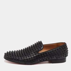 مملوكة مسبقًا حذاء لوفرز كريستين لوبوتان رولر بوي جلد أسود مرصع سبايك مقاس 44