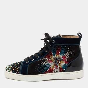 Pre Owned Christian Louboutin Black/Blue Suede, Velvet and Patent Leather Louis on Fire Fireworks High-Top Sneakers Size 43