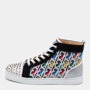 Christian Louboutin Multicolor Printed Patent, Suede and Leather Lou Spikes Orlato High-Top Sneakers Size 42