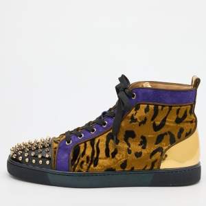Christian Louboutin Multicolor Leather and Animal Print Fabric Lou Spikes Sneakers Size 43.5