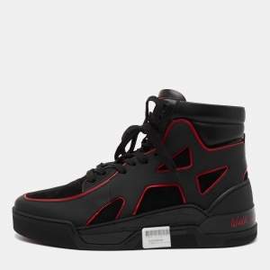 Christian Louboutin Black/Red Suede and Leather High Top Sneakers Size 42.5 