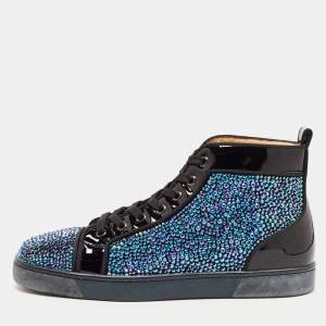 Christian Louboutin Black Patent Leather and Suede Embellished Louis High-Top Sneakers Size 40.5