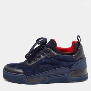 Christian Louboutin Navy Blue/Black Leather and Suede Aurelien Sneakers Size 39.5