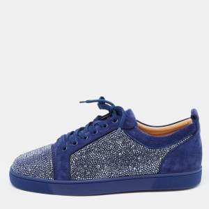 Christian Louboutin Navy Blue Suede Louis Junior Strass Low Top Sneakers Size 46