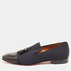 Christian Louboutin Navy Blue/Black Woven Fabric and Leather Spiked Tassel Smoking Slippers Size 42