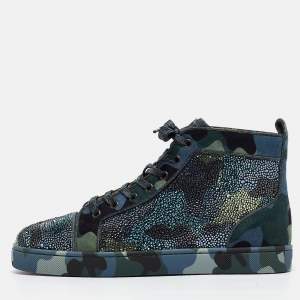 Christian Louboutin Blue/Green Camouflage Suede Embellished Louis Orlato Sneakers Size 42