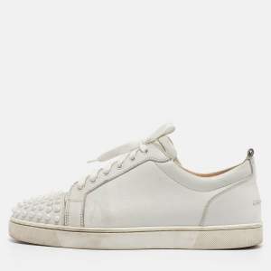 Christian Louboutin White Leather Louis Junior Spikes Low Top Sneakers Size 43.5