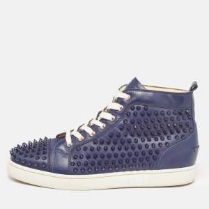 Christian Louboutin Navy Blue Leather Louis Spikes High Top Sneakers Size 43.5