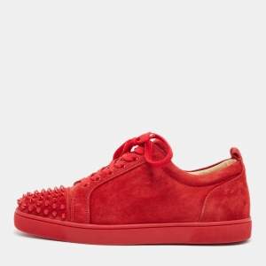 Christian Louboutin Red Suede Louis Spikes Lace Up Sneakers Size 42.5