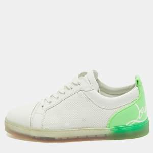 Christian Louboutin White/Green  Leather Lace Up Sneakers Size 42