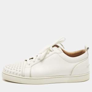 Christian Louboutin White Leather Louis Junior Spikes Lace Up Sneakers Size 43.5