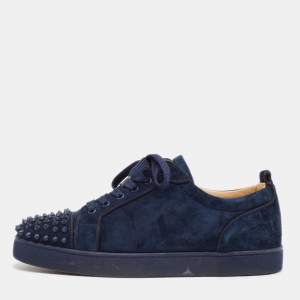 Christian Louboutin Navy Blue Suede Louis Junior Spikes Lace Up Sneakers Size 44