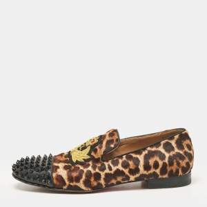 Christian Louboutin Brown/Black Calf Hair Patent Leather Loafers Size 41.5