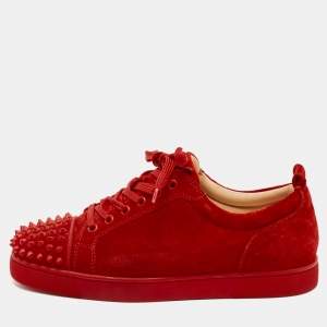 Christian Louboutin Red Suede Louis Junior Spikes Lace Up Sneakers Size 40